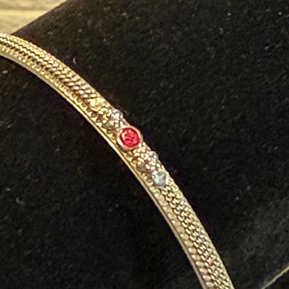 Vintage Bangle Bracelet Silver Tone with Red and Gold Tone Crystal Accents - Picture 2 of 4